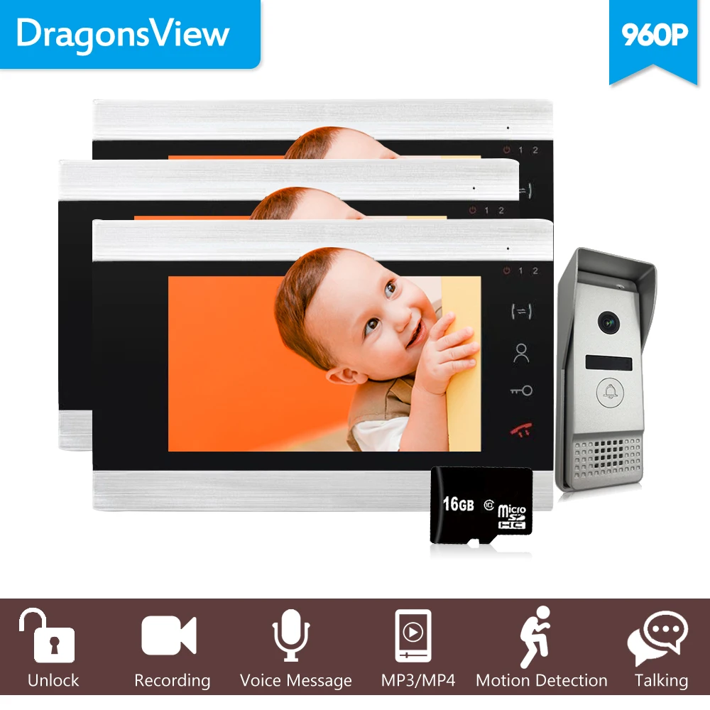 Dragonsview 960P 7 дюймовый видео дверной звонок Домофон электронный с камерой Запись sd