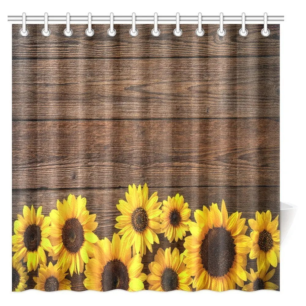 Aplysia Autumn Flower Shower Curtain Sunflowers on Rustic Wooden Board