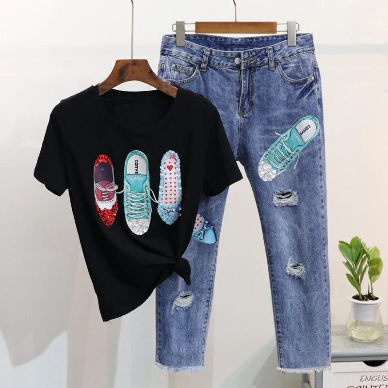 

2019 Spring 2 Piece Set Women Sequins T-shirts Sets Loose Short sleeve Tops + Hole Seven Jeans Suits Casual Woman Two Piece Set