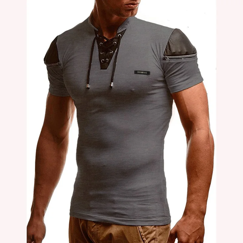 Мужская сексуальная Облегающая белая футболка с v-образным вырезом, мужская кожаная футболка в стиле пэчворк, Мужская Уличная одежда в стиле хип-хоп на молнии, Camisetas Hombre - Цвет: light gray