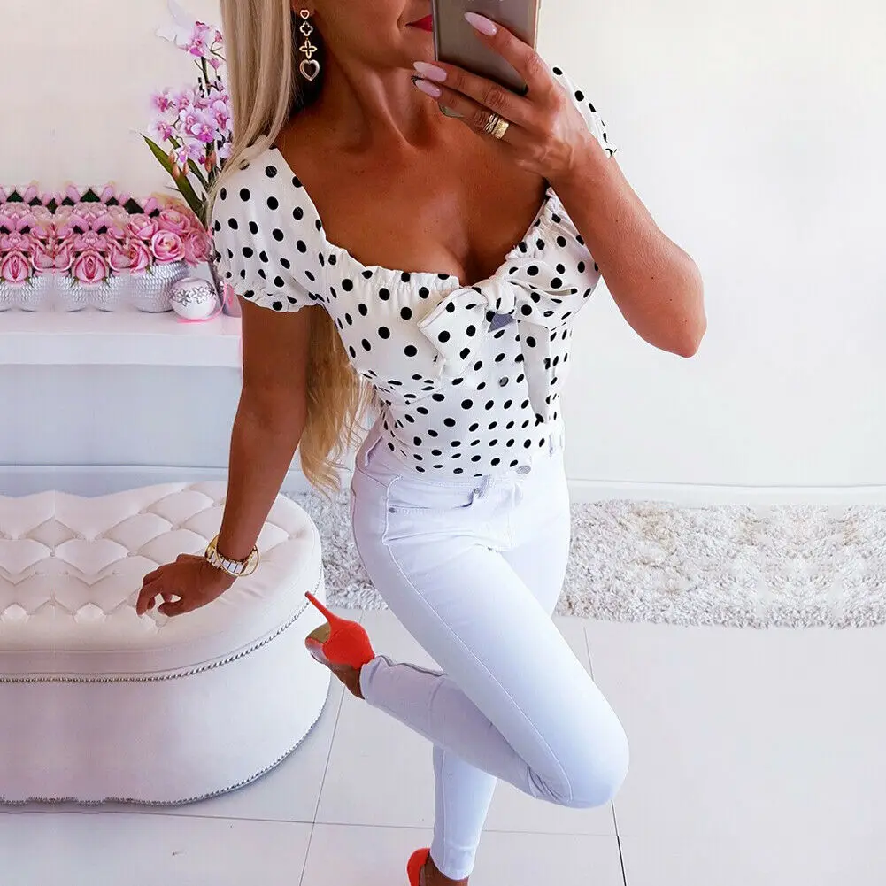 المرأة قصيرة الأكمام بوهو البولكا نقطة قميص فضفاض الأزياء مثير السيدات الصيف عارضة سليم بلوزة قمم قميص جديد
