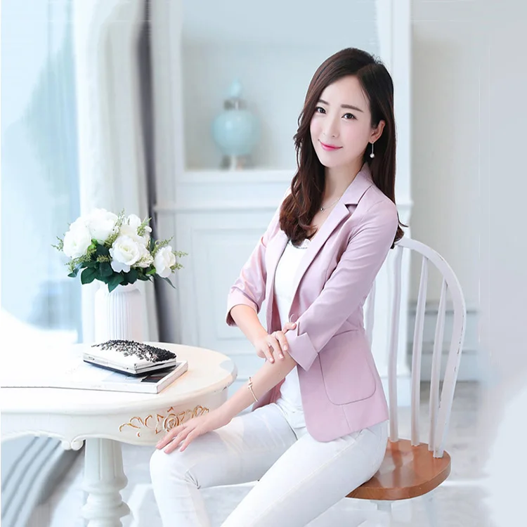 

LANLOJER Small Suit Female Blazer Summer Thin Slim Short Seven Sleeves Korean Casual Short Solid Color Plus Size Blazer 848#