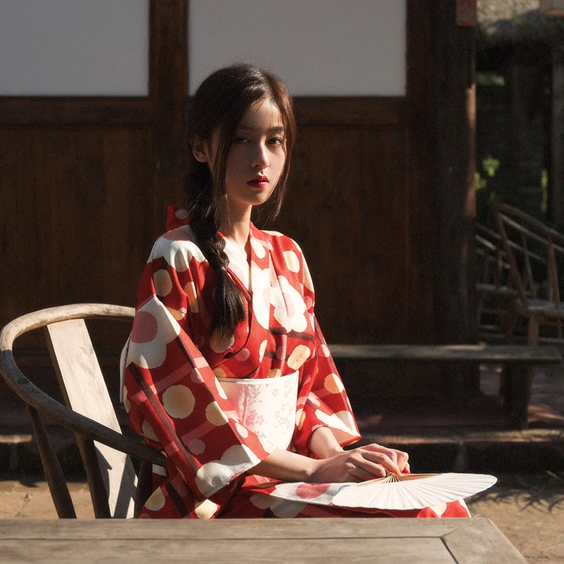 

Red Printed Girl Robe Gown Vintage Kimono Yukata With Obi Traditional Japanese Lady Evening Dress Halloween Cosplay Costume