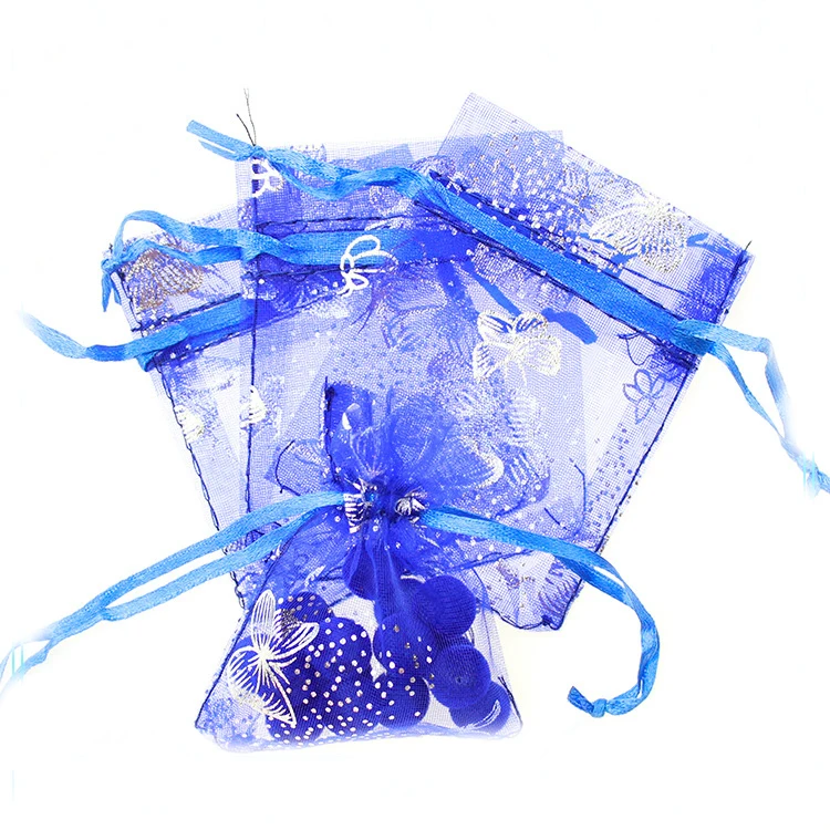 

15*20cm 100pcs Silver Blue Butterfly Gift Bags For Jewelry/wedding/christmas Yarn Bag With Handles Packaging Organza Bags