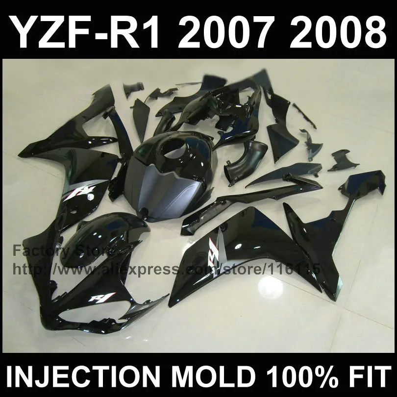

Custom free motorcycle injection road/racing fairings kits for YAMAHA R1 2007 2008 YZF R1 07 08 full black fairing body parts