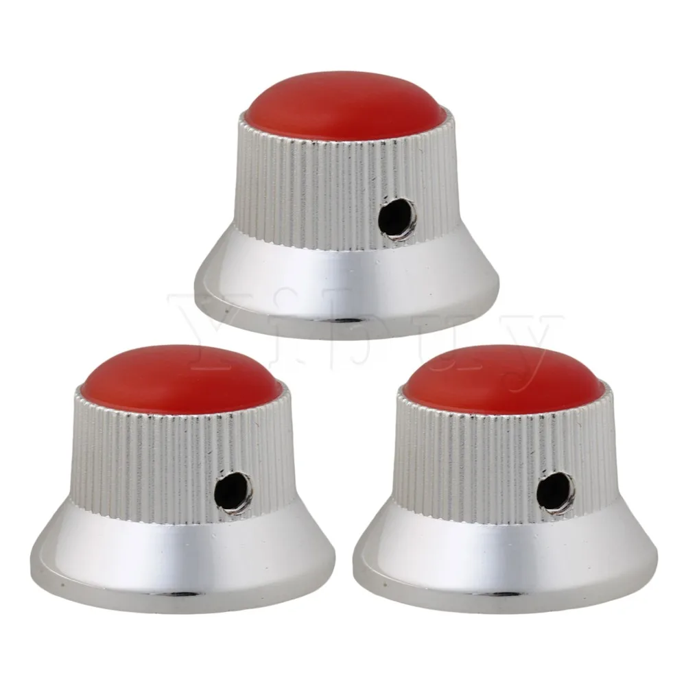 Yibuy Vervanging Rode Glas Hoofd Chrome Hoed Knoppen voor Basgitaar Pack van 3