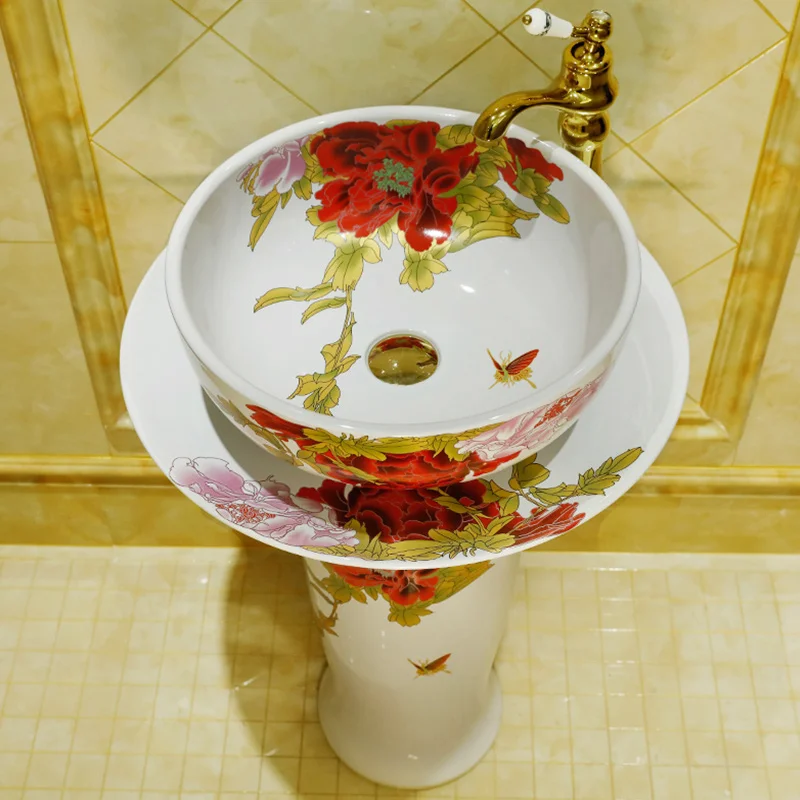 Столовая раковина для умывания Керамическая маленькая квартира Туалет простая раковина-основание умывальник белый пион узор раковины для ванной комнаты
