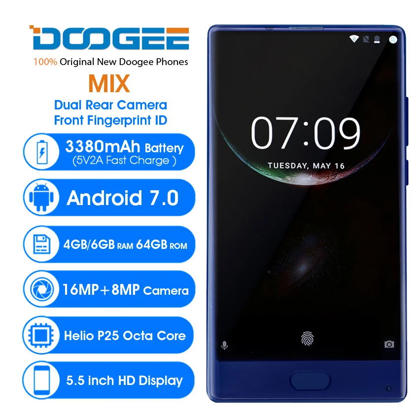 Doogee микс 5 &quotHD мобильного телефона Android 7 0 Helio P25 Octa Core 4 ГБ Оперативная память 64