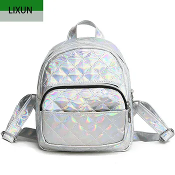 

Women Hologram Laser Backpack For Teenager Daypacks Girl School Book Bag Female Silver Leather Plaid Travel Rucksack mochila