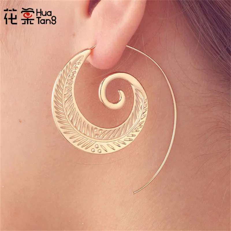 

HuaTang Trendy Gold Silver Round Spiral Earrings For Women Brincos Earings Oorbellen Hoop Earrings Pendientes Bohemia Alloy 4200
