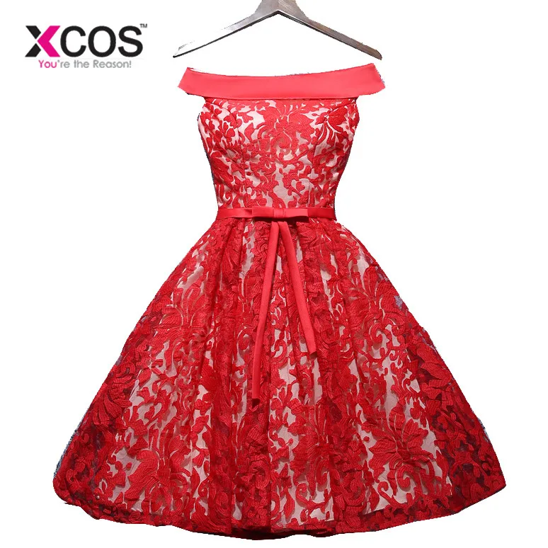 XCOS vestido de noiva simples с открытыми плечами красные платья подружек невесты кружевное