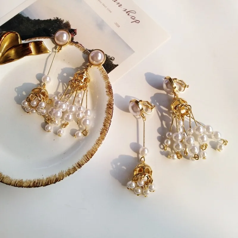 

Vintage Court Style Birdcage Imitation Pearl Dangle Earrings Fashion Temperament Girl Female Personality Asymmetry Ear Clip
