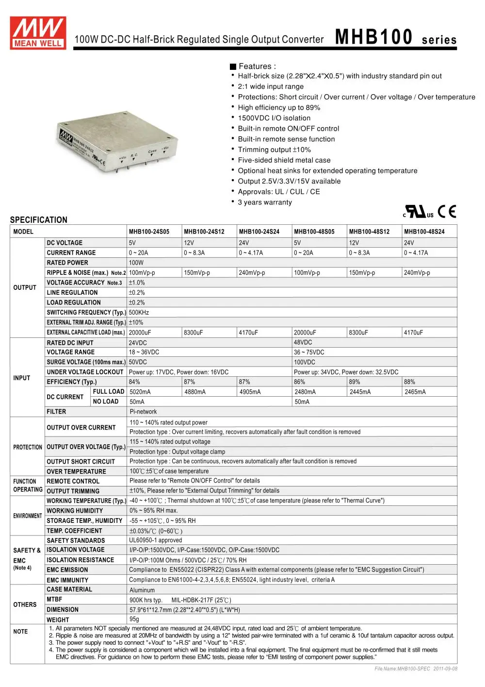 [Powernex] означает хорошо оригинальный mhb100-48s05 5 В 20A Meanwell mhb100 5 В 100 Вт DC-DC половина -кирпично-регулируемый одного Выход конвертер