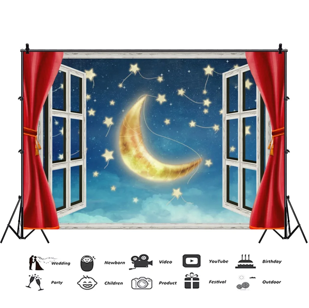 Laeacco  Starry Window Moon Baby Newborn Fairy Scenic Photography Backgrounds Customized Photographic Backdrops For Photo Studio