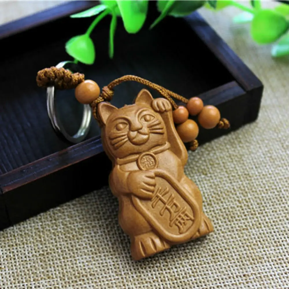 1pc Peach Wood Carving Lucky Fortune Cat Pendant Keychain Key Ring Bag Decor 