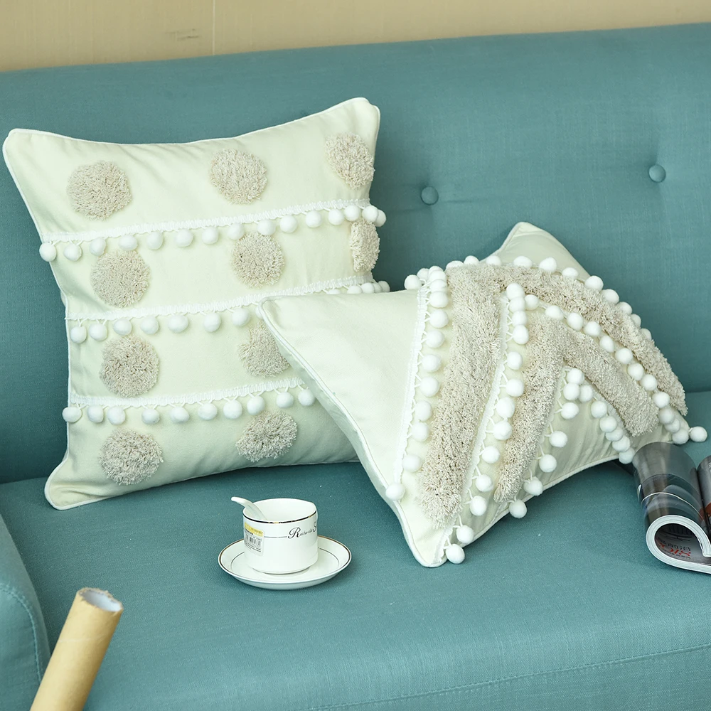 

Handmade Cushion Cover Morocco Style Ivory Pillow Case with Cute Ball For Sofa Seat Simple Home Decor Linen 45*45cm 30x50cm