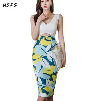 

Summer White Dresses Blue Yellow Print Vneck Sleeve Women Dress Office Lady Bandage Bodycon Midi Sexy Patry Pencil Dress Vestido