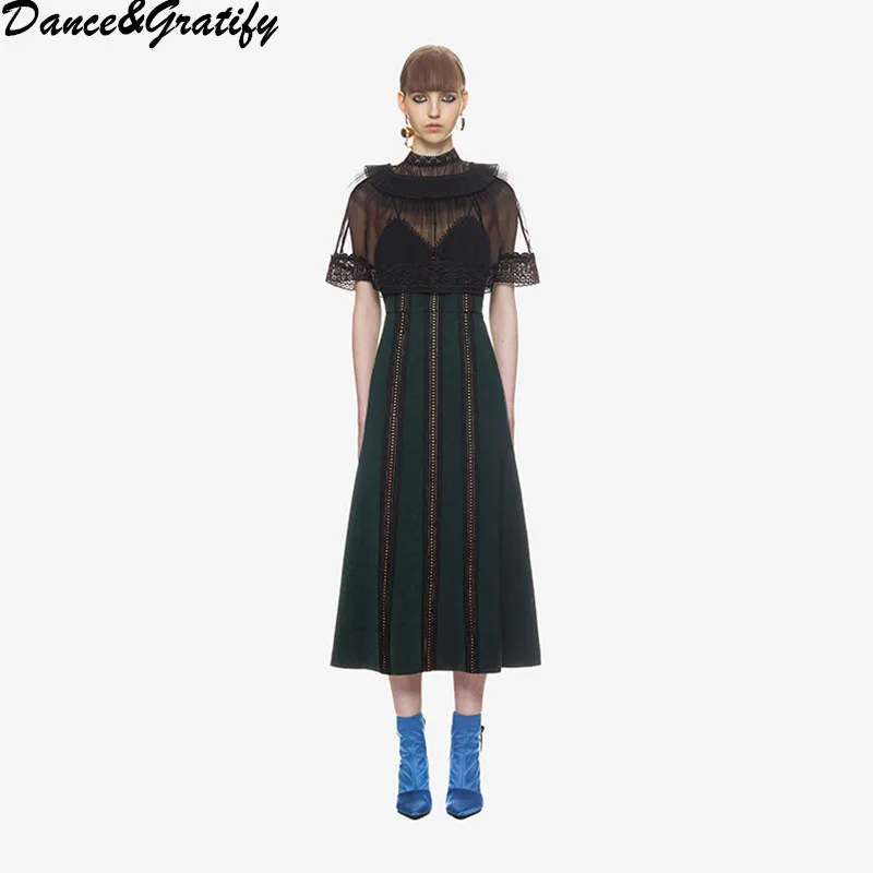 

New 2018 Self Portrait Lace Patchwork Midi Party Dress Women Hollow Out Cloak Sleeves Chic Boho Runway Dresses