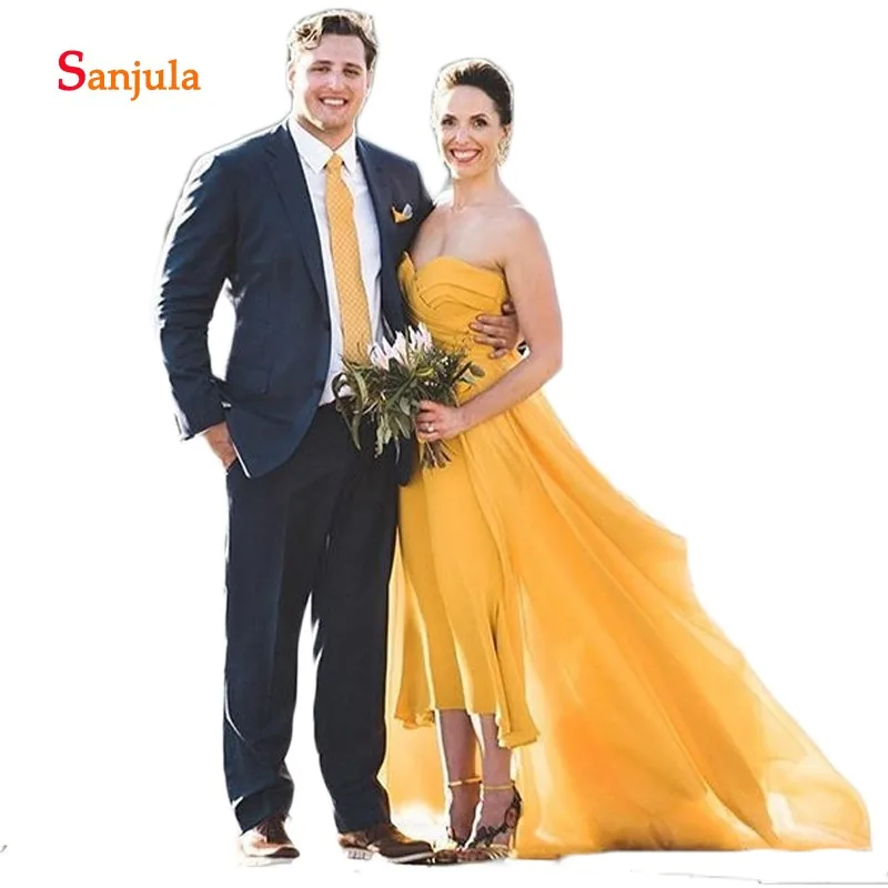 

Tea-Length Yellow Formal Evening Dresses with Detachable Train Sheath Sweetheart Evening Gowns for Women Engagement Gowns D444