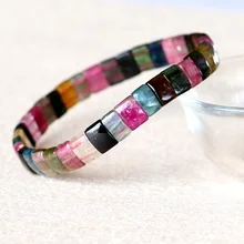 Высококачественный натуральный яркий фиолетовый зеленый розовый синий турмалин многоцветной стрейч браслет плоский прямоугольный бисер 05024