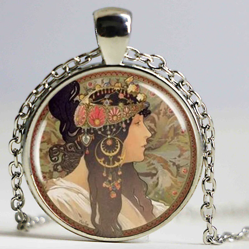 Alphonse Mucha Necklace, Vintage Art Charm, Mucha Byzantine Art Pendant, Art Nouveau Jewelry, Neoclassical Art Jewelry, Round Bronze