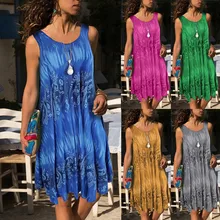 2019 Hot Sale Women Mini Party Dresses Fashion Womens Plus Size O-Neck Printing Sleeveless Vest Easy Mini Dress Plus Size sales pu leather panel plus size sleeveless bandage mini hot dress