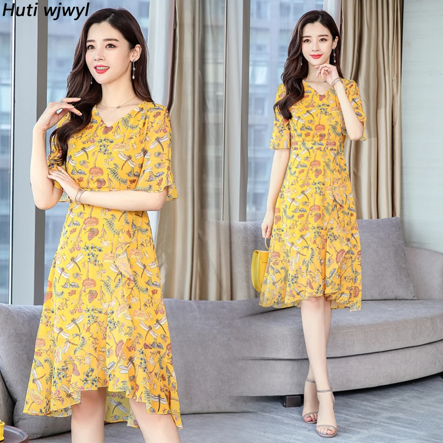 

Summer Floral Chiffon Boho Midi Sundress 2019 Vintage 3XL Plus Size Yellow Print Beach Dress Women Bodycon Elegant Party Vestido