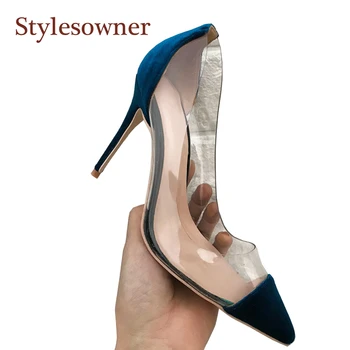 

Stylesowner Blue Flock Lady 10cm Thin Heel Lady Pumps Clear PVC Pointed Toe Sexy Patchwork Shoe Party Wedding Sapatos Nice Mujer