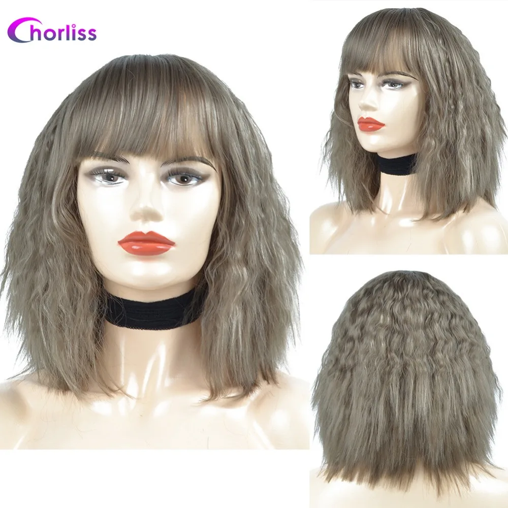 Chorliss Synthetic Wig Full Wigs Bangs Water Wave Short Women Wig Pink Blonde Gold Grey  (16)