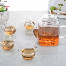 1х термостойкий прозрачный стеклянный чайный сервиз-390 мл квадратной формы стеклянный чайник+ 4x шестигранные чашки с двойными стенками 40 мл
