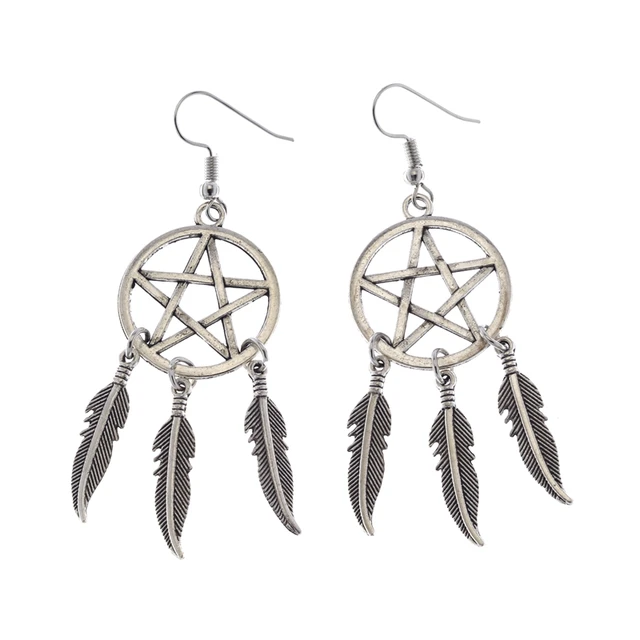 1pair Pentagram Angelwing Dreamcatcher Dangly Earrings Wicca Witch 1pair Pentagram Angelwing Dreamcatcher Dangly Earrings Wicca Witch Pagan Antique Silver Feather Women
