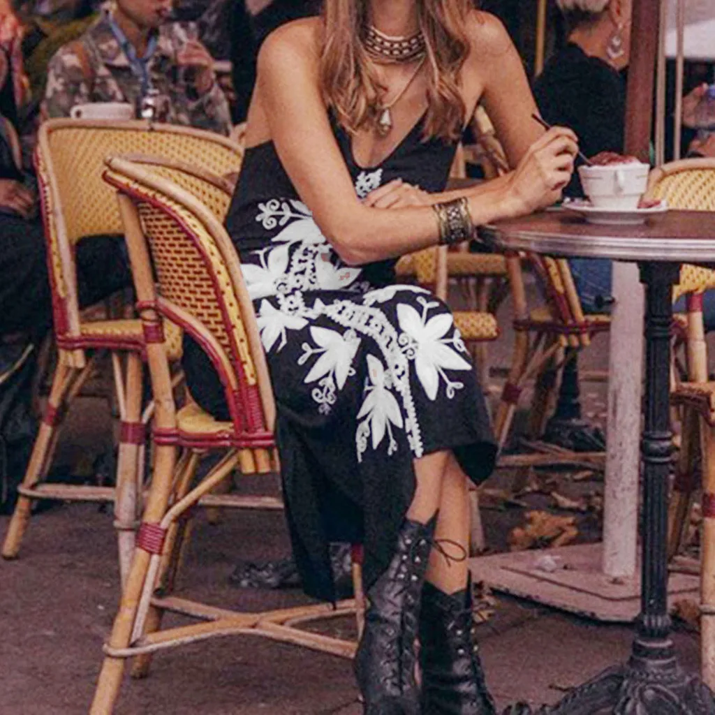 

Autumn Dress Women Boho Sleeveless Strap Backless Print Round Neck Mid Calf Beach Vestidos Ropa Mujer Robe Femme Sukienki OY41*