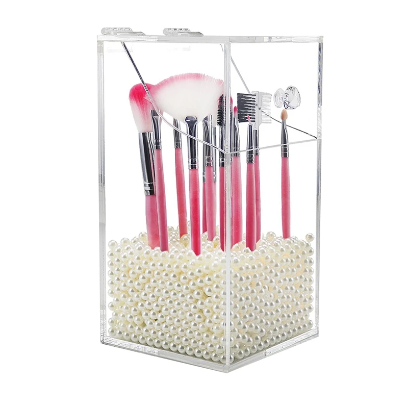 

Acrylic Brush Holder,Dustproof Makeup Brush Organizer with Lid, Covered Cosmetic Brush Holder with White Pearls,Clear