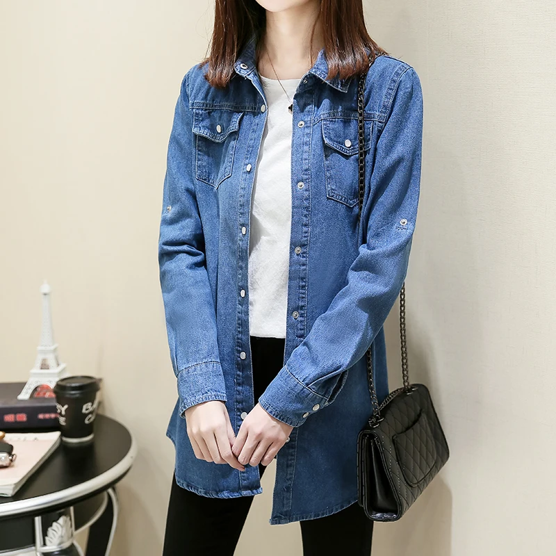  Spring New Fashion Woman Jeans Shirts Korean Style Roll Up Long Sleeves Female Denim Blouse Plus Si