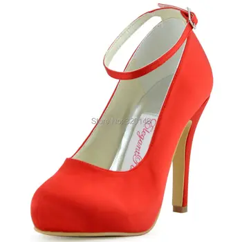 

EP11049 Red High heel shoes Woman Closed Toe Ankle Strap Wedding Shoes Satin Ladies Bride Prom Party Dress Pumps