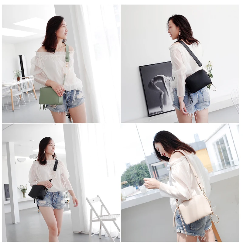 MICOCAH Double Zipper Casual Bag Tassel Design Handbag Women Metal Ring Handle Crossbody Bags Black/Green/Apricot HSD136