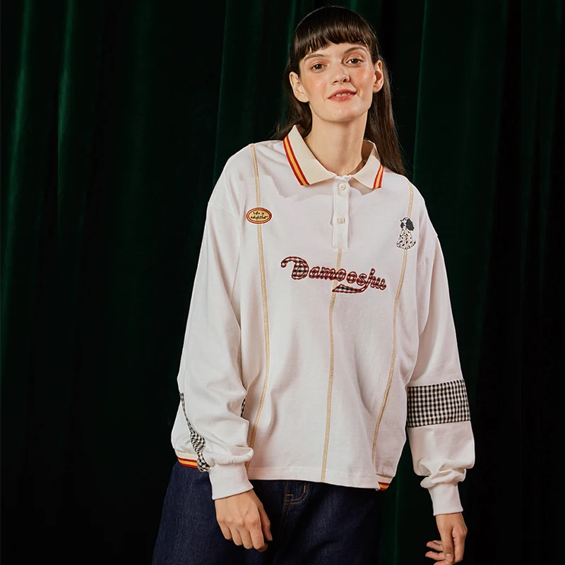 

Original Design Spring New Women Pullover Sweatshirts Long Sleeve Cartoon Puppy Embroidery Lattice Stitching Ladies Hoodies