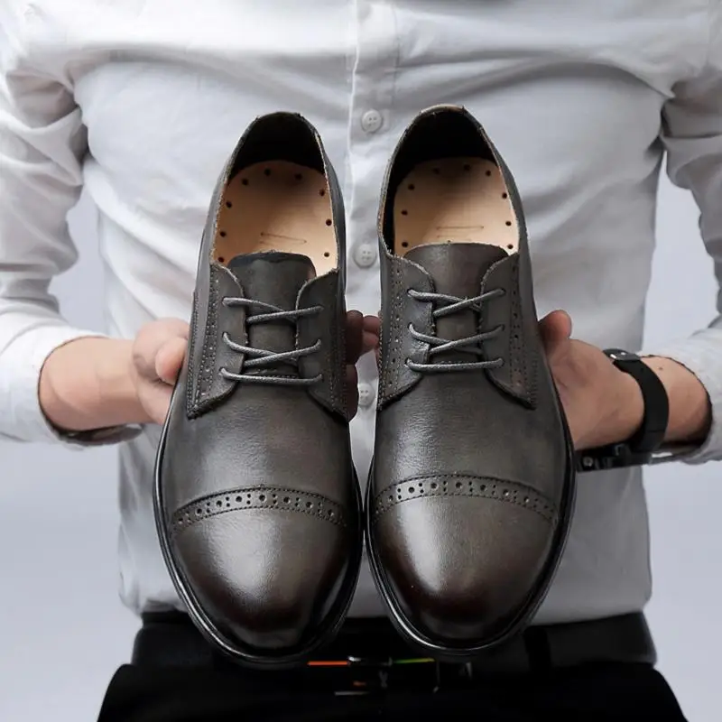 Romмедаль/Мужская официальная обувь из натуральной коровьей кожи высокого качества с острым носком; деловая обувь для свадьбы; Мужская обувь для отдыха; - Цвет: Серый