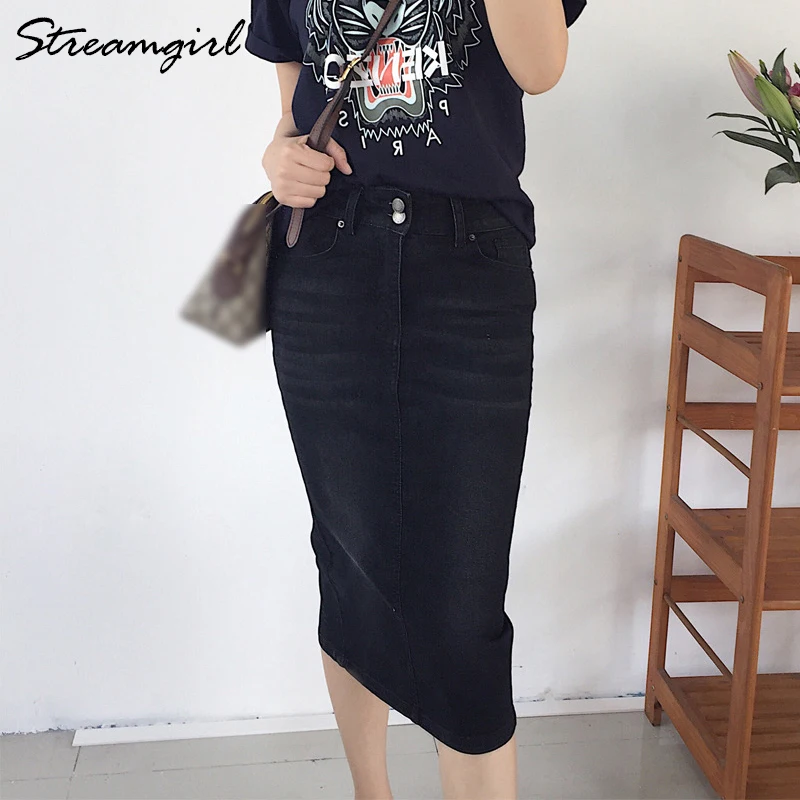 Billige Schwarz Denim Midi Rock Sommer Frauen 2019 Bleistift Röcke Frauen Jeans Rock Midi Hohe Taille Röcke Frauen Jupe Femme Sommer