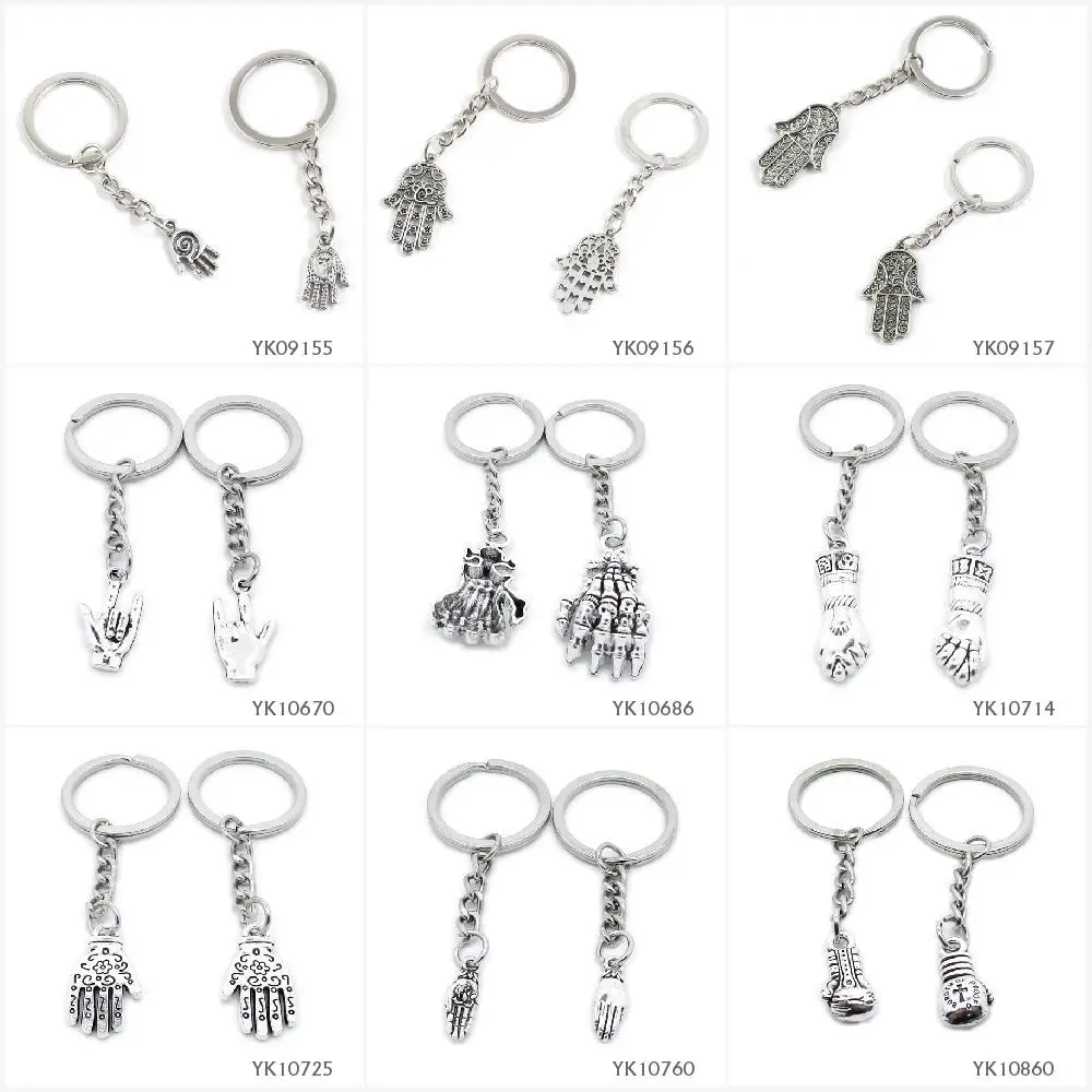 

Metal Antique Silver Keychain Keyring Keytag Key Chain Ring Hamesh Hamsa Hand of Fatima I Love You Gesture Sign Devil Skull