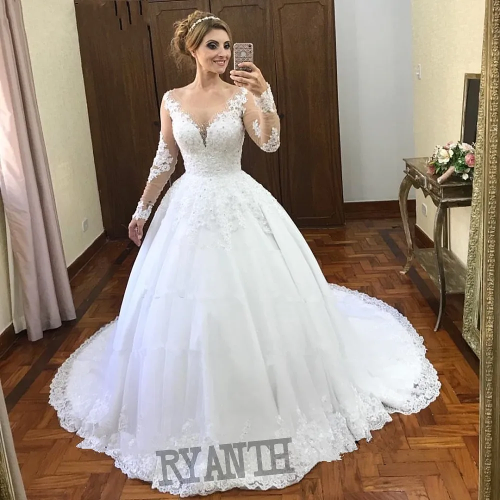 

Cheap 2024 Shinning Beads Pearls Robe de mariee Luxury Princess Ball Gowns Long Sleeves Lace Wedding Dresses Vestidos de novia
