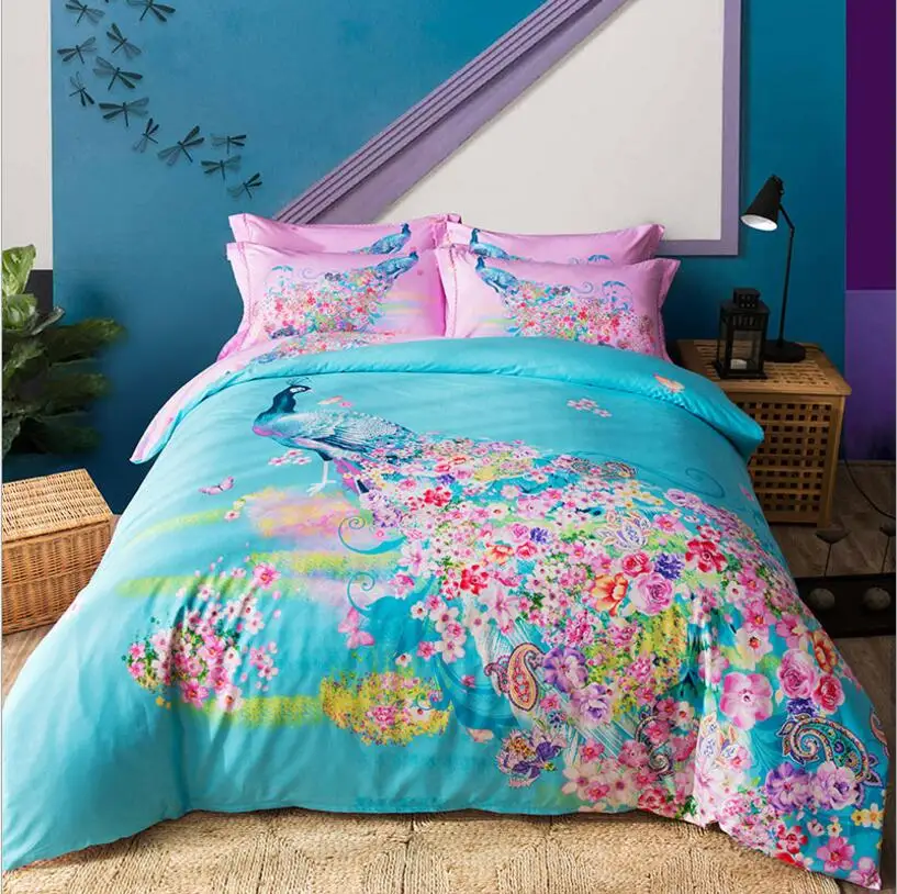 Peacock Flower Bedding Set 100 Cotton Pastoral Print Quilt Cover Set