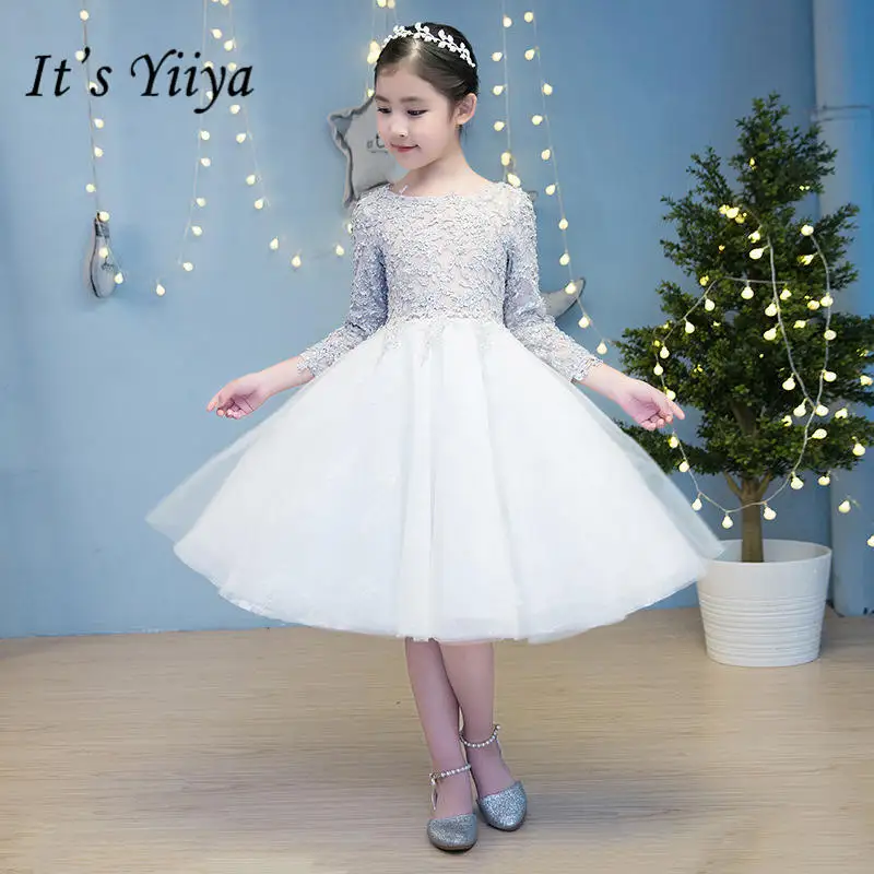It's yiiya Elegant Lace Flower Girl Dresses Gray Ball Gown Fashion Long Sleeve Girl Dress TS233