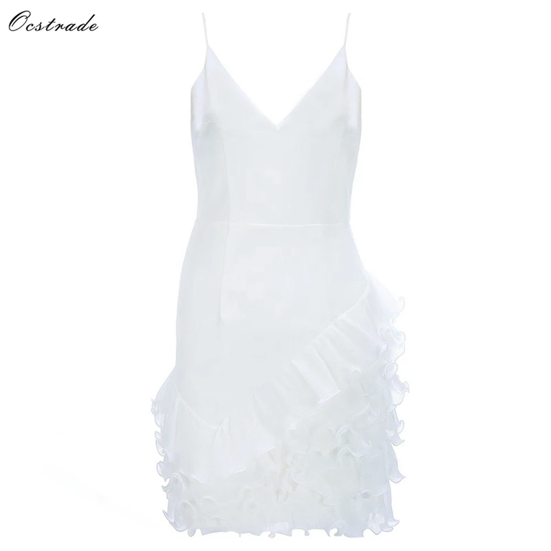 Ocstrade White V Neck Sleeveless Mini Lace Sexy Bodycon Dress HB5575-White