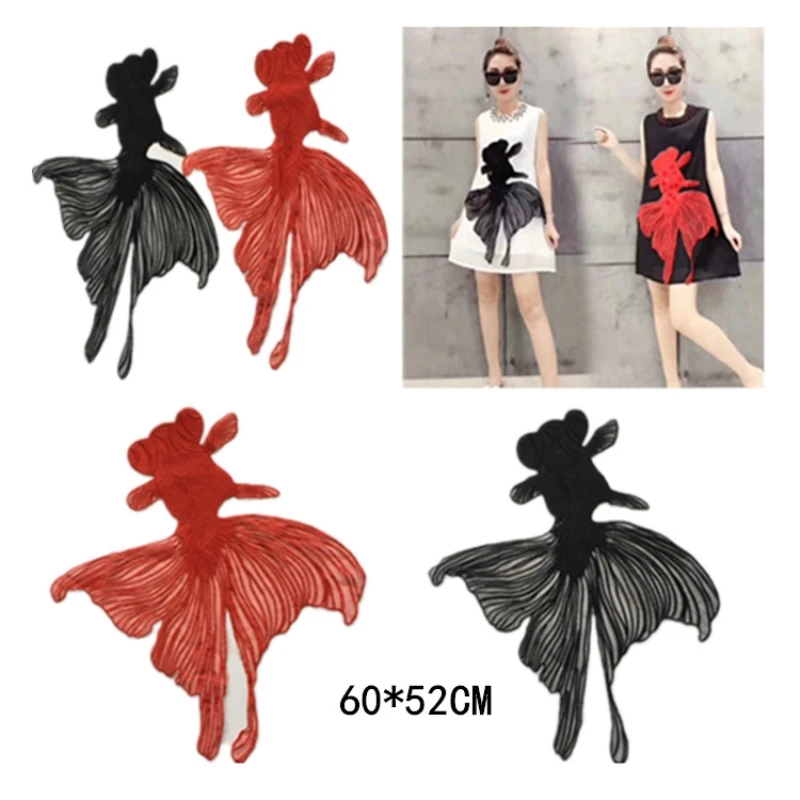 

1 piece of patch embroidered appliques sew-on gold fish black red patches