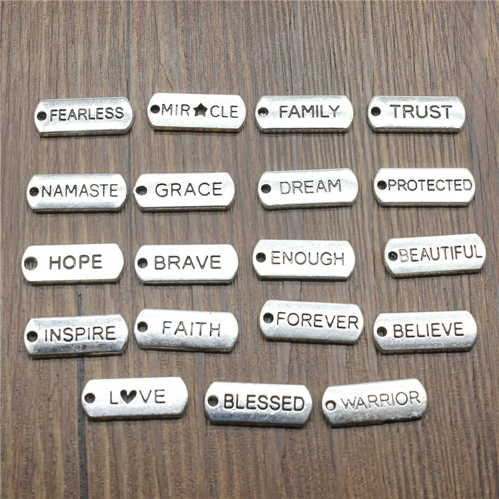 

15pcs/lot Word Tags Pendant Charms Antique Silver Color Blessed Faith Believe Trust Family Namaste Fearless Dream Hope Charms