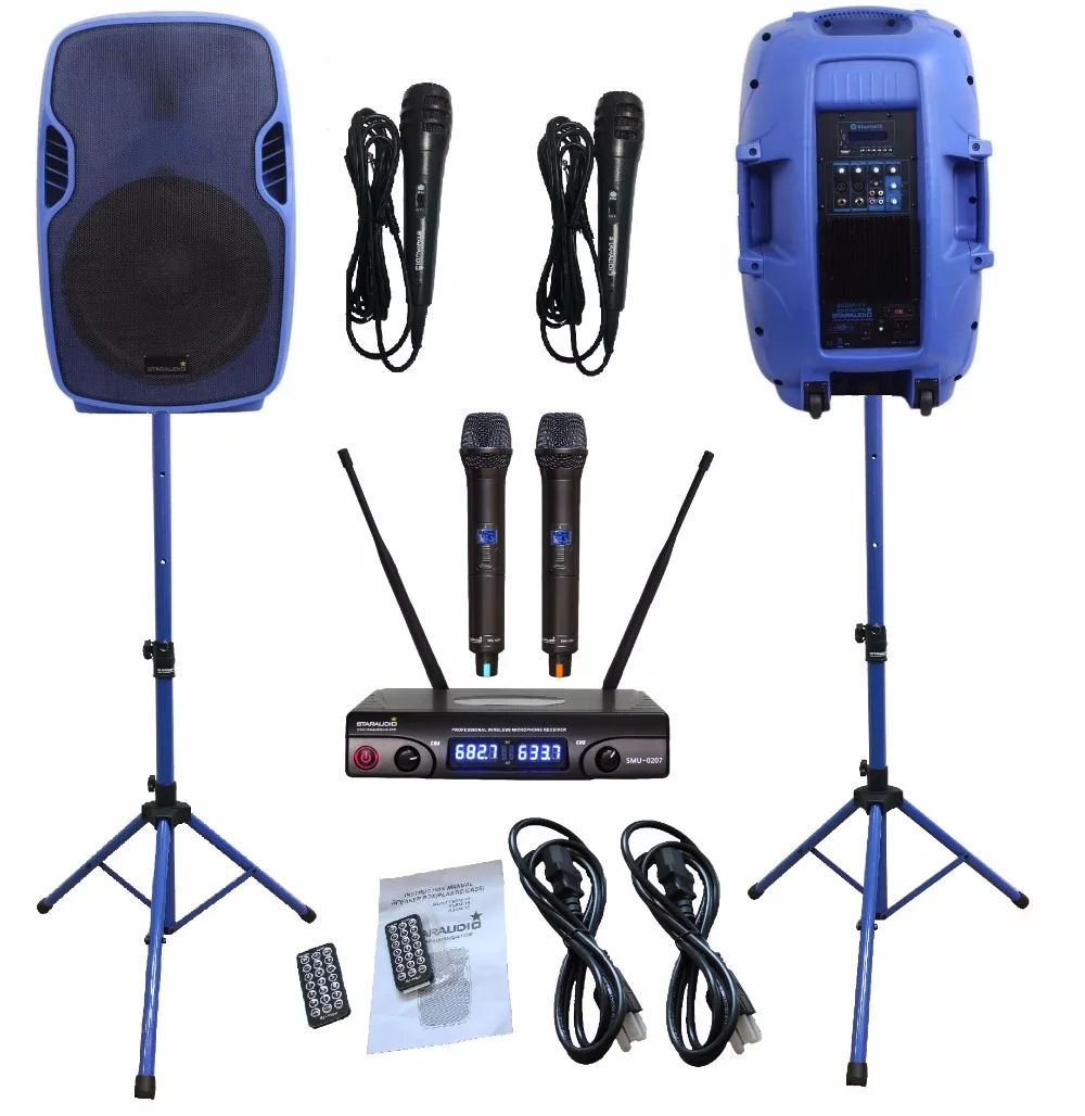 

2 STARAUDIO 3500W 15"PA Blue Powered Active DJ Stage MP3 BT SD USB Speakers W/2CH Wireless Mics With 2 Wired Microphone SSBM-15