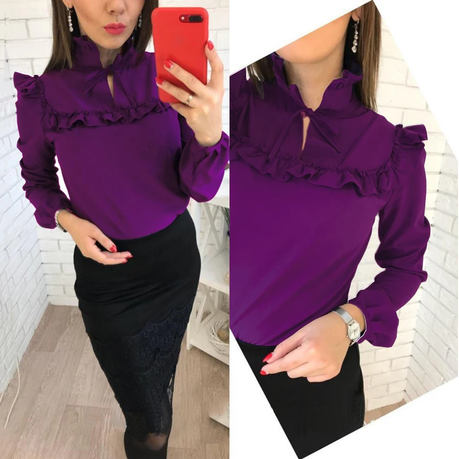 Mujeres púrpura Tops blusa 2018 nueva moda Ruffles manga larga Casual suelta mujer blusa más tamaño|Blusas y - AliExpress