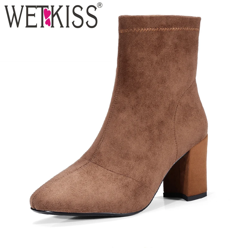 

WETKISS Easy Walking Square High Heels Ankle Boots Leather Suede Women's Winter Boots Autumn Zip Ladies Shoes Woman 2018 New
