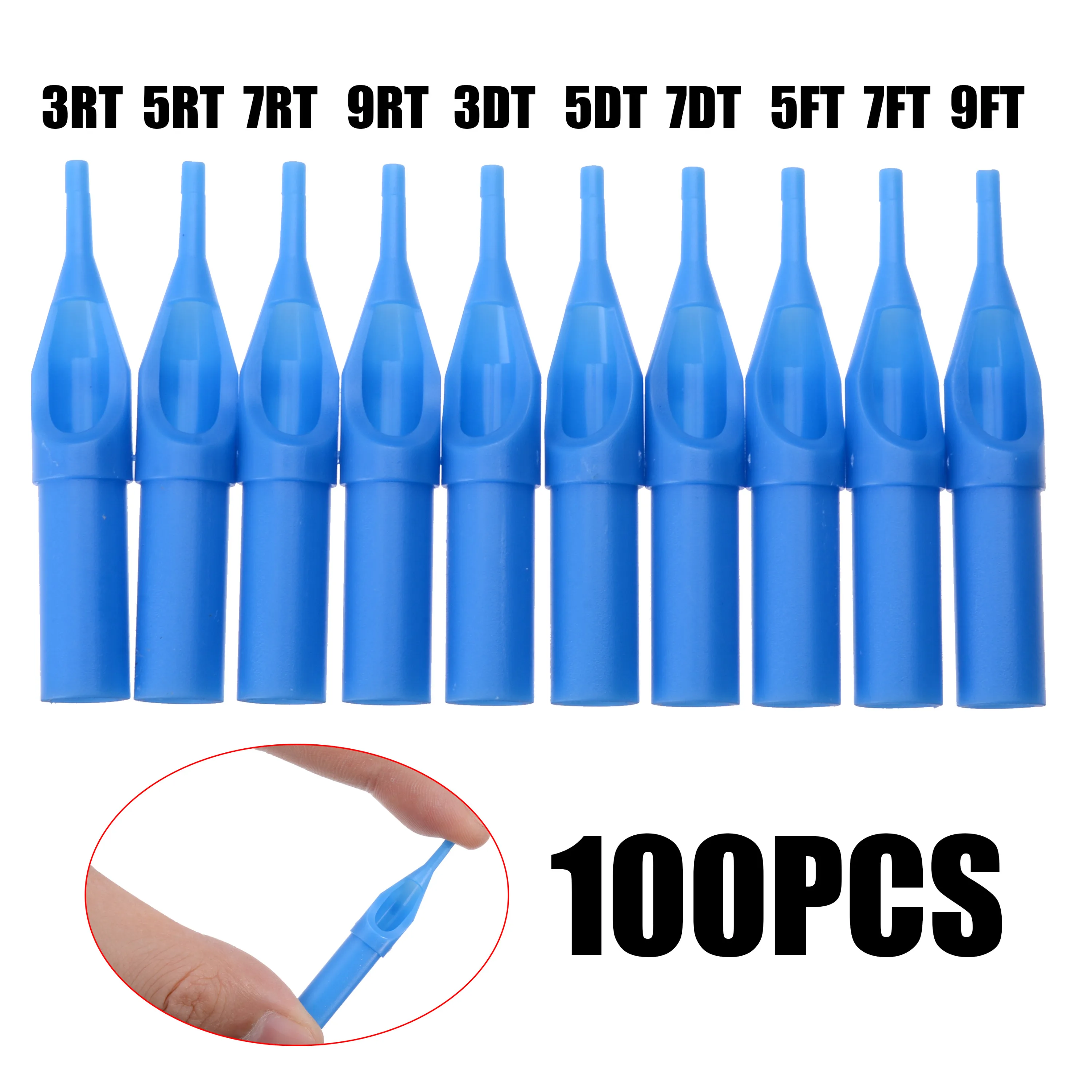 Professional 100pcs Disposable Mixed Sterile Tattoo Nozzle Tips Kit Needle Tube Blue 3RT, 5RT/7RT/9RD/3DT/5DT/7DT/5FT/7FT/9FT